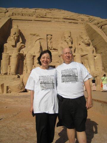 Two people wearing Baron t-shirts in Abu Simbel, Egypt. Activating element opens larger version of image.