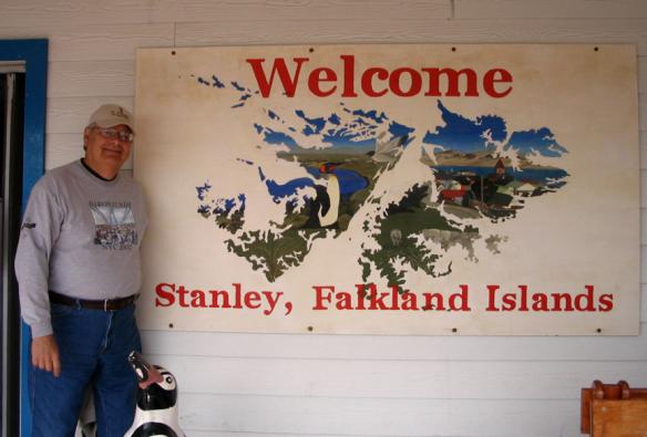 Man wearing Baron t-shirt in the Falkland Islands. Activating element opens larger version of image.
