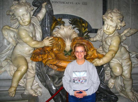 Woman wearing Baron t-shirt at Vatican City, Italy. Activating element opens larger version of image.